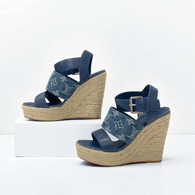 ルイヴィトン LOUIS VUITTON スターボードライン モノグラム サンダル 靴 シューズ デニム レザー ブルー ウェッジソール ストラップ