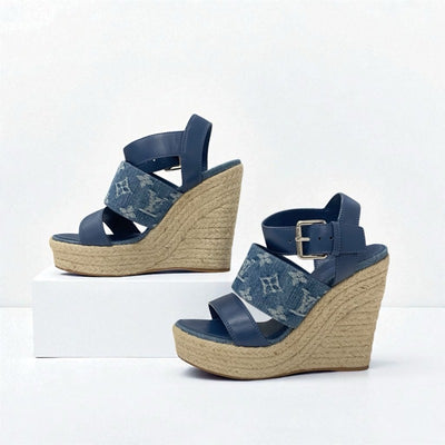 ルイヴィトン LOUIS VUITTON スターボードライン モノグラム サンダル 靴 シューズ デニム レザー ブルー ウェッジソール ストラップ
