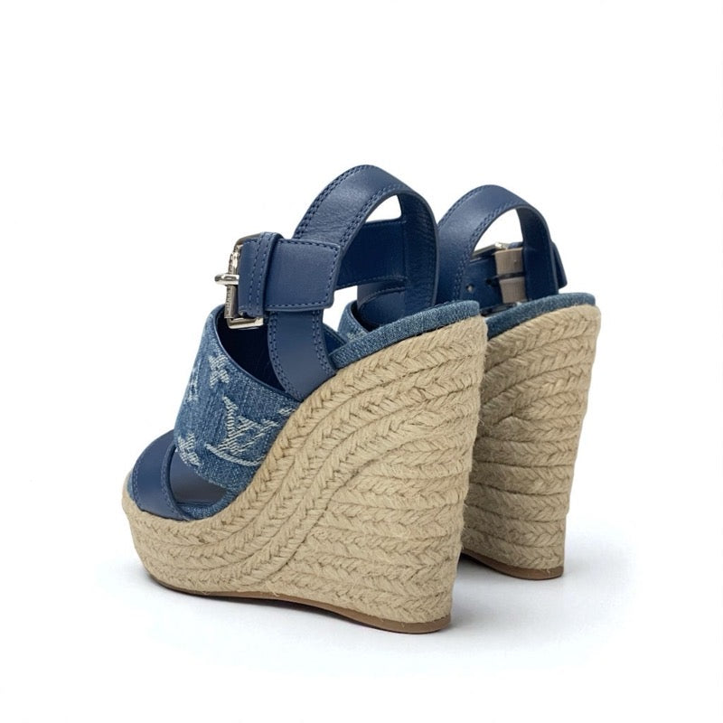 ルイヴィトン LOUIS VUITTON スターボードライン モノグラム サンダル 靴 シューズ デニム レザー ブルー ウェッジソール ストラップ