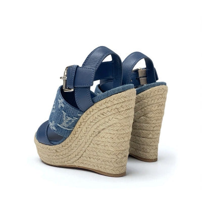 ルイヴィトン LOUIS VUITTON スターボードライン モノグラム サンダル 靴 シューズ デニム レザー ブルー ウェッジソール ストラップ