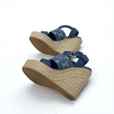 ルイヴィトン LOUIS VUITTON スターボードライン モノグラム サンダル 靴 シューズ デニム レザー ブルー ウェッジソール ストラップ