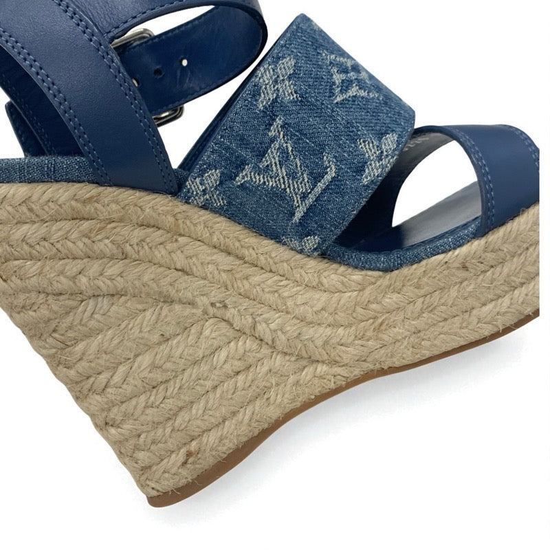 ルイヴィトン LOUIS VUITTON スターボードライン モノグラム サンダル 靴 シューズ デニム レザー ブルー ウェッジソール ストラップ