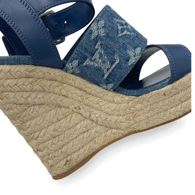 ルイヴィトン LOUIS VUITTON スターボードライン モノグラム サンダル 靴 シューズ デニム レザー ブルー ウェッジソール ストラップ