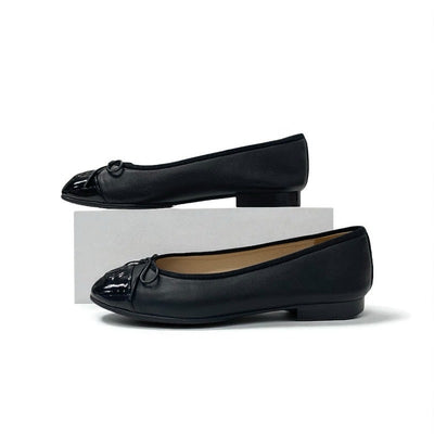 シャネル CHANEL フラットシューズ 靴 シューズ レザー パテント ブラック 黒 ココマーク リボン バレリーナ バレエシューズ