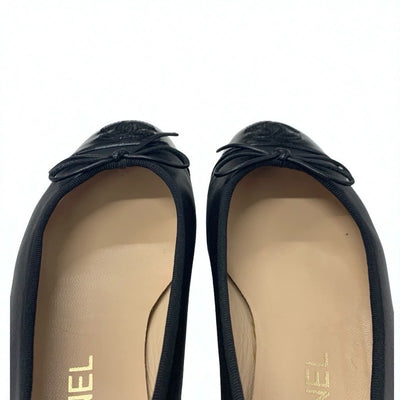 シャネル CHANEL フラットシューズ 靴 シューズ レザー パテント ブラック 黒 ココマーク リボン バレリーナ バレエシューズ