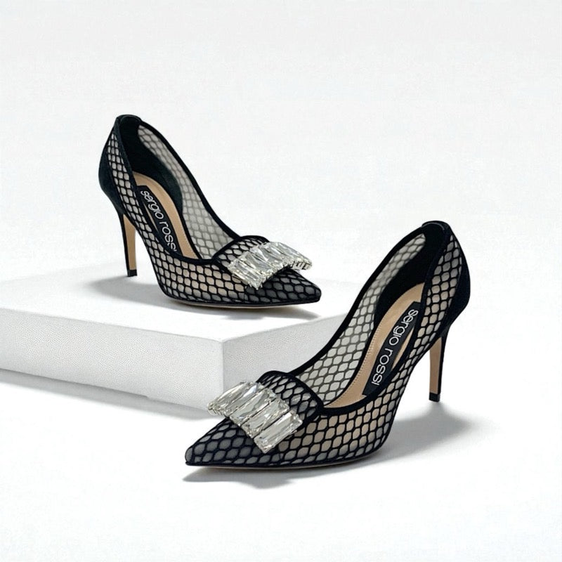 セルジオロッシ sergio rossi SR1 パンプス 靴 シューズ メッシュ スエード ブラック 黒 ビジュー パーティーシューズ