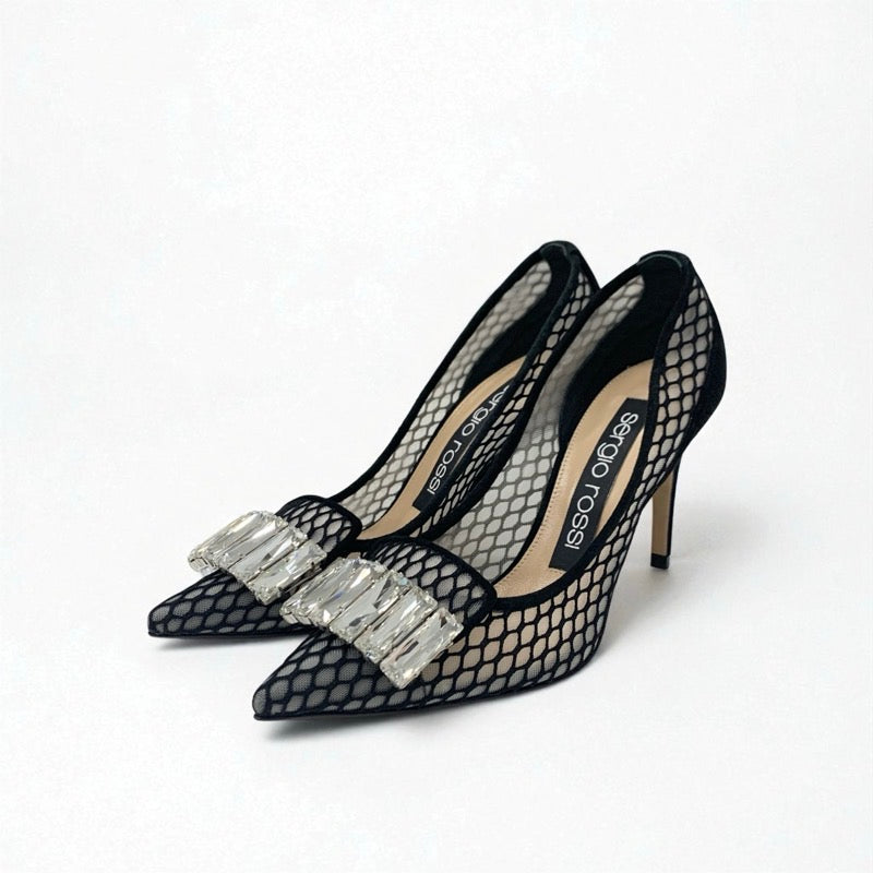 セルジオロッシ sergio rossi SR1 パンプス 靴 シューズ メッシュ スエード ブラック 黒 ビジュー パーティーシューズ