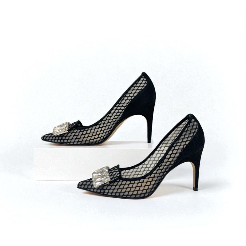 セルジオロッシ sergio rossi SR1 パンプス 靴 シューズ メッシュ スエード ブラック 黒 ビジュー パーティーシューズ