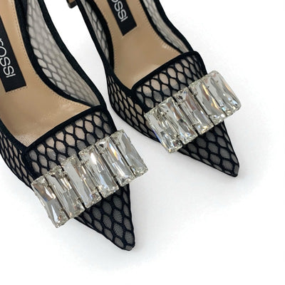 セルジオロッシ sergio rossi SR1 パンプス 靴 シューズ メッシュ スエード ブラック 黒 ビジュー パーティーシューズ