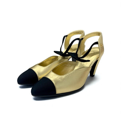 シャネル CHANEL パンプス 靴 シューズ レザー ゴールド ブラック リボン ココマーク ストラップ