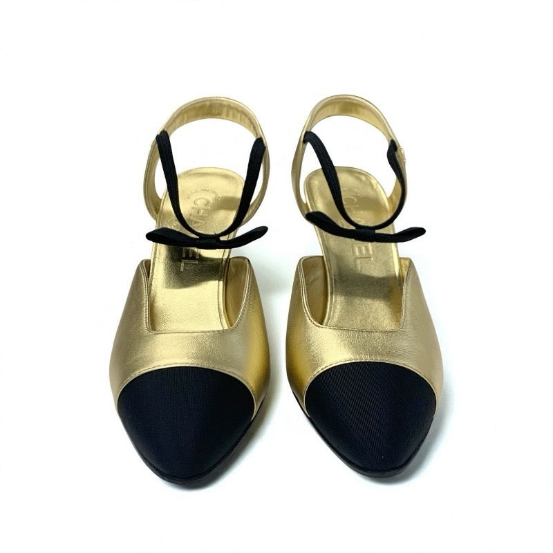 シャネル CHANEL パンプス 靴 シューズ レザー ゴールド ブラック リボン ココマーク ストラップ
