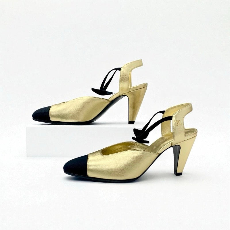 シャネル CHANEL パンプス 靴 シューズ レザー ゴールド ブラック リボン ココマーク ストラップ