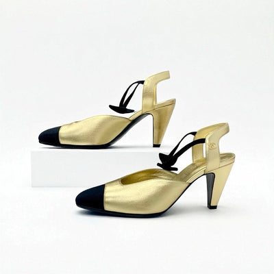 シャネル CHANEL パンプス 靴 シューズ レザー ゴールド ブラック リボン ココマーク ストラップ