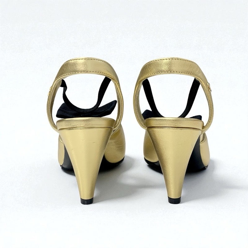 シャネル CHANEL パンプス 靴 シューズ レザー ゴールド ブラック リボン ココマーク ストラップ