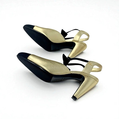 シャネル CHANEL パンプス 靴 シューズ レザー ゴールド ブラック リボン ココマーク ストラップ