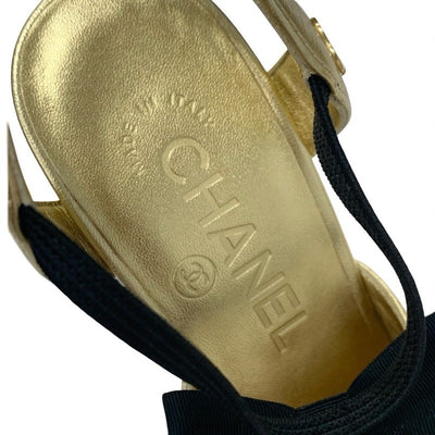 シャネル CHANEL パンプス 靴 シューズ レザー ゴールド ブラック リボン ココマーク ストラップ
