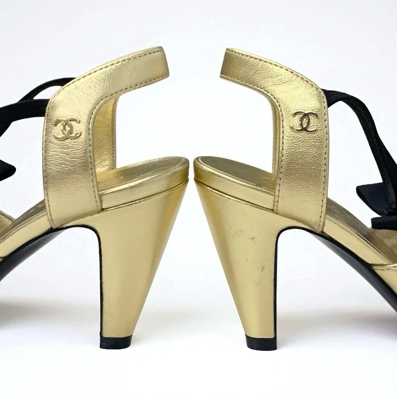 シャネル CHANEL パンプス 靴 シューズ レザー ゴールド ブラック リボン ココマーク ストラップ