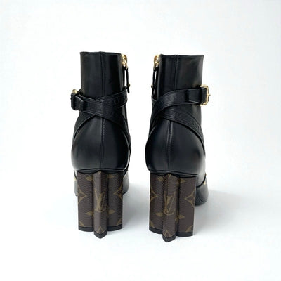 ルイヴィトン LOUIS VUITTON シルエットライン モノグラム ブーツ ショートブーツ 靴 シューズ レザー ブラック ブラウン アンクルブーツ LVロゴ ベルト スタッズ