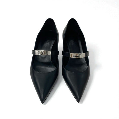 エルメス HERMES キアラ40 パンプス 靴 シューズ レザー ブラック 黒 シルバー ケリー金具