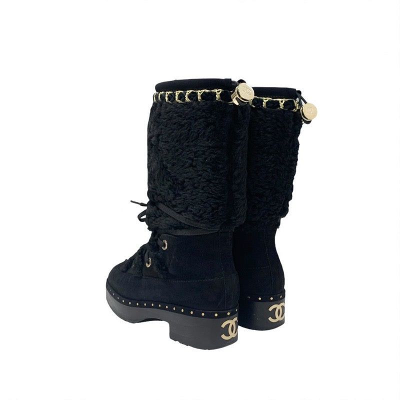 シャネル CHANEL ブーツ ロングブーツ 靴 シューズ スエード ムートン ブラック ゴールド ココマーク スタッズ レースアップ
