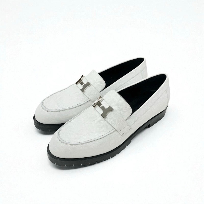 エルメス HERMES フォーブル ローファー 革靴 靴 シューズ レザー ホワイト 白 シルバー H金具 フラットシューズ
