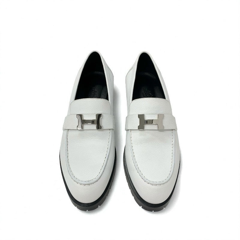 エルメス HERMES フォーブル ローファー 革靴 靴 シューズ レザー ホワイト 白 シルバー H金具 フラットシューズ