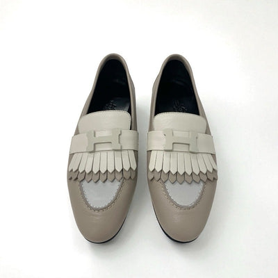 エルメス HERMES ロワイヤル ローファー 革靴 靴 シューズ レザー ベージュ グレー モカシン フラットシューズ H金具 フリンジ