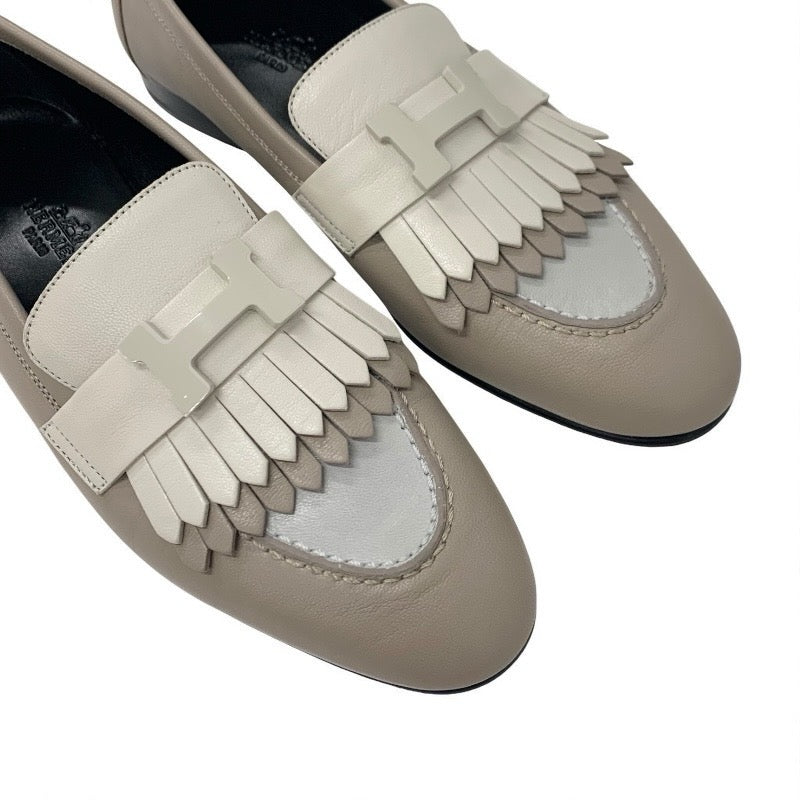 エルメス HERMES ロワイヤル ローファー 革靴 靴 シューズ レザー ベージュ グレー モカシン フラットシューズ H金具 フリンジ