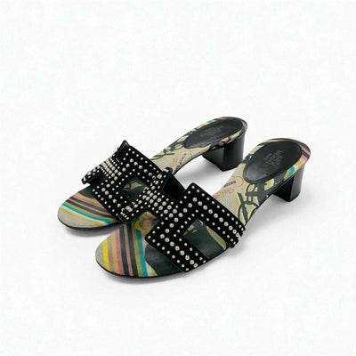 エルメス HERMES オアジス サンダル 靴 シューズ スエード ブラック マルチカラー スタッズ ミュール