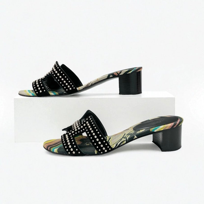 エルメス HERMES オアジス サンダル 靴 シューズ スエード ブラック マルチカラー スタッズ ミュール