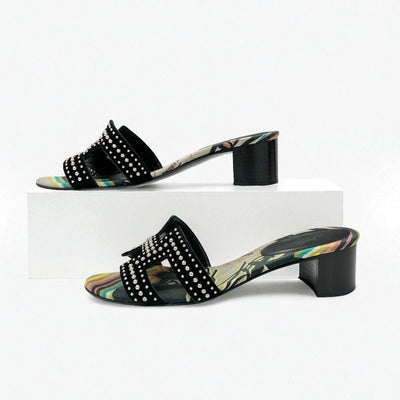 エルメス HERMES オアジス サンダル 靴 シューズ スエード ブラック マルチカラー スタッズ ミュール