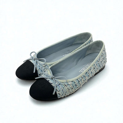 シャネル CHANEL フラットシューズ 靴 シューズ ツイード ファブリック ブルー ブラック バレエシューズ ココマーク