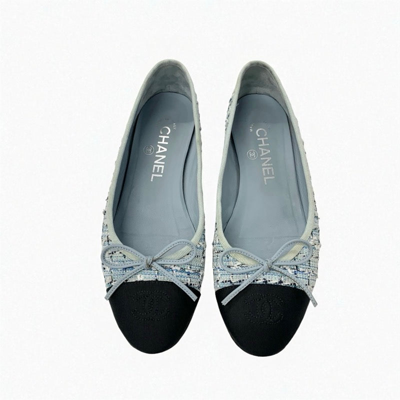 シャネル CHANEL フラットシューズ 靴 シューズ ツイード ファブリック ブルー ブラック バレエシューズ ココマーク
