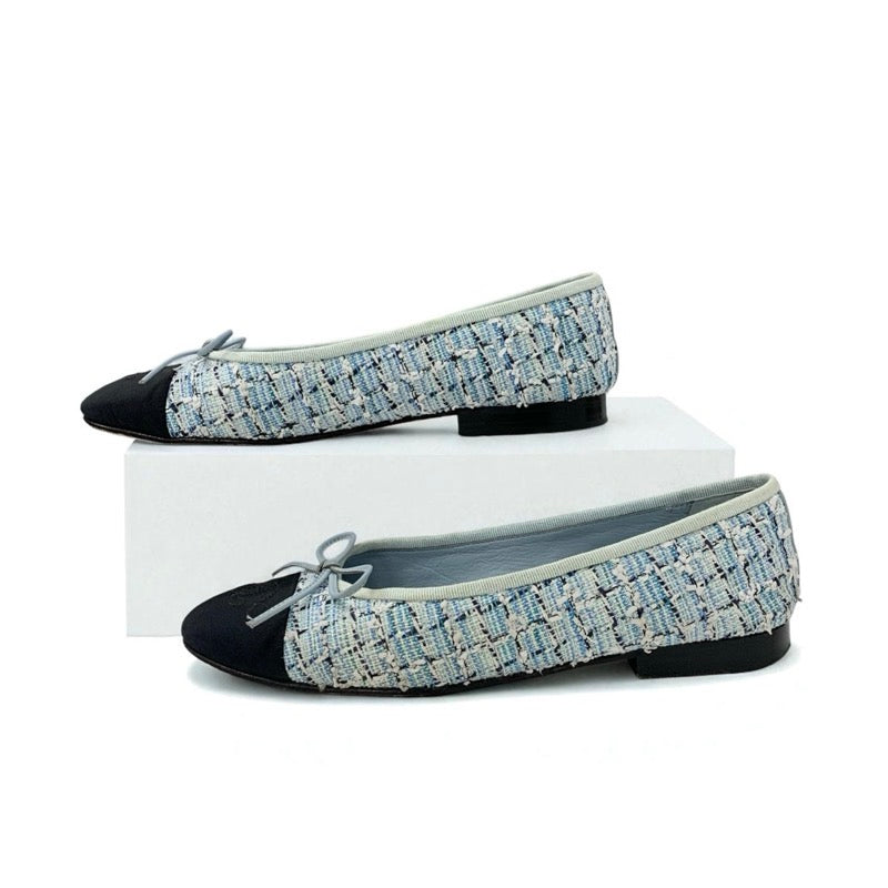 シャネル CHANEL フラットシューズ 靴 シューズ ツイード ファブリック ブルー ブラック バレエシューズ ココマーク