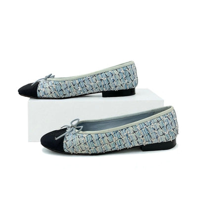 シャネル CHANEL フラットシューズ 靴 シューズ ツイード ファブリック ブルー ブラック バレエシューズ ココマーク