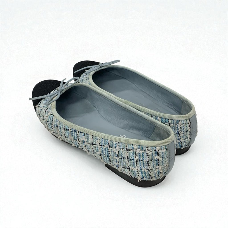 シャネル CHANEL フラットシューズ 靴 シューズ ツイード ファブリック ブルー ブラック バレエシューズ ココマーク