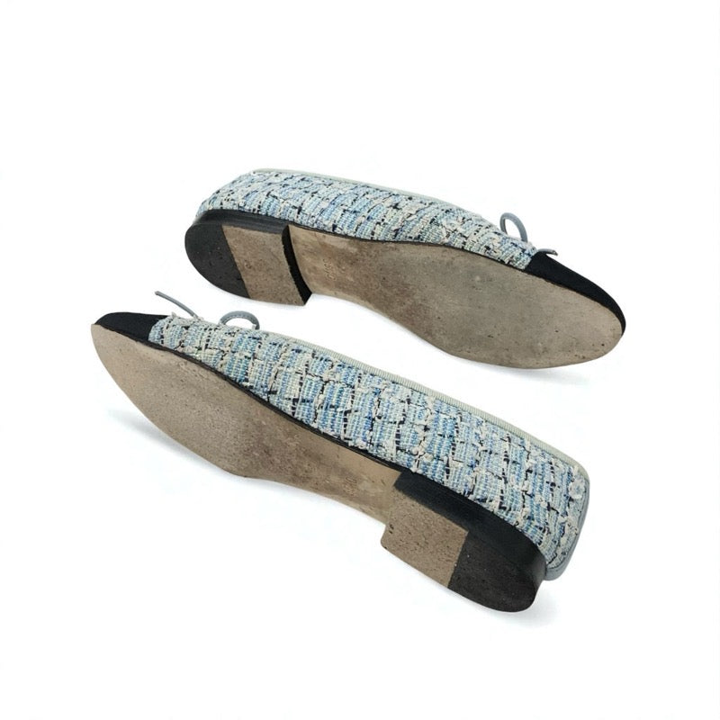 シャネル CHANEL フラットシューズ 靴 シューズ ツイード ファブリック ブルー ブラック バレエシューズ ココマーク