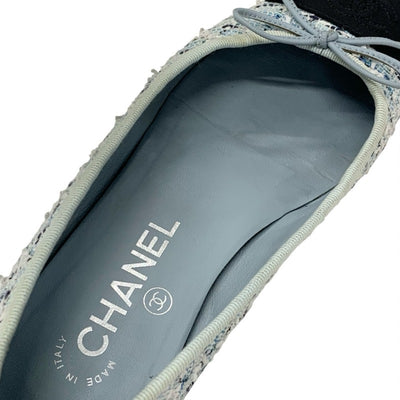 シャネル CHANEL フラットシューズ 靴 シューズ ツイード ファブリック ブルー ブラック バレエシューズ ココマーク