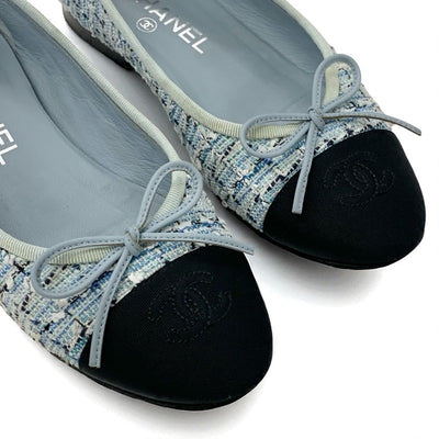 シャネル CHANEL フラットシューズ 靴 シューズ ツイード ファブリック ブルー ブラック バレエシューズ ココマーク