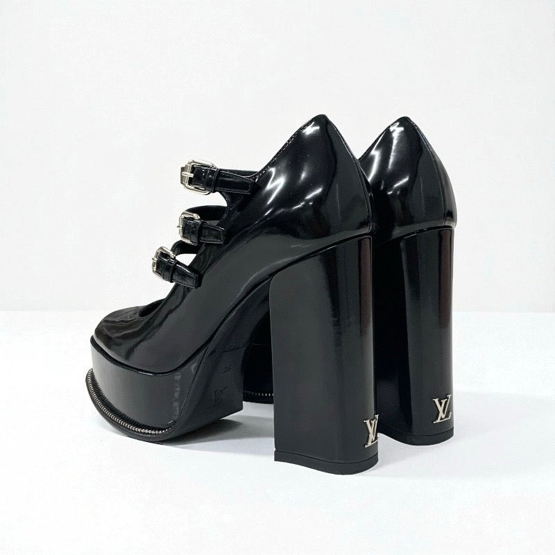 ルイヴィトン LOUIS VUITTON フェイムライン パンプス 靴 シューズ レザー ブラック 黒 LVロゴ ストラップ サンダル プラットフォーム