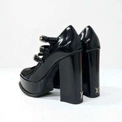 ルイヴィトン LOUIS VUITTON フェイムライン パンプス 靴 シューズ レザー ブラック 黒 LVロゴ ストラップ サンダル プラットフォーム
