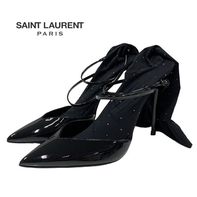 サンローラン SAINT LAURENT パンプス 靴 シューズ パテント ファブリック ブラック 黒 ラインストーン ストラップ ソックス付き