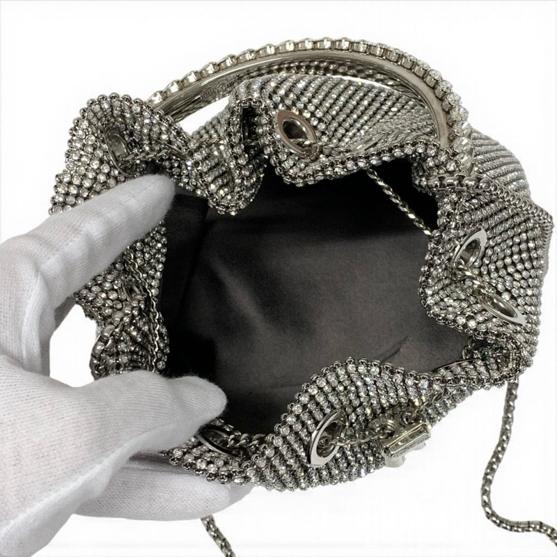 ジミーチュウ JIMMY CHOO ボンボン バッグ ショルダーバッグ シルバー ラインストーン 巾着 チェーン 2WAY ハンドバッグ パーティーバッグ