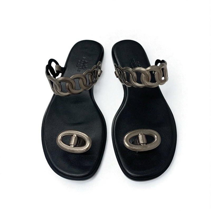 エルメス HERMES イオス サンダル 靴 シューズ レザー ブラック メタリック シェーヌダンクル フラット