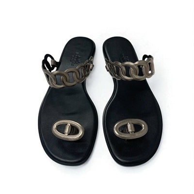 エルメス HERMES イオス サンダル 靴 シューズ レザー ブラック メタリック シェーヌダンクル フラット