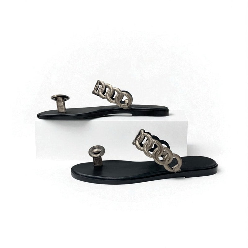 エルメス HERMES イオス サンダル 靴 シューズ レザー ブラック メタリック シェーヌダンクル フラット