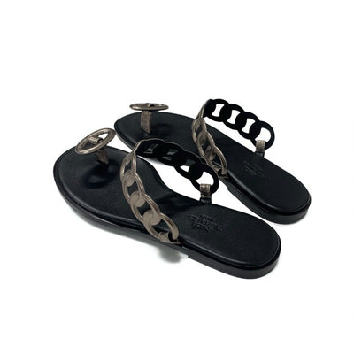 エルメス HERMES イオス サンダル 靴 シューズ レザー ブラック メタリック シェーヌダンクル フラット