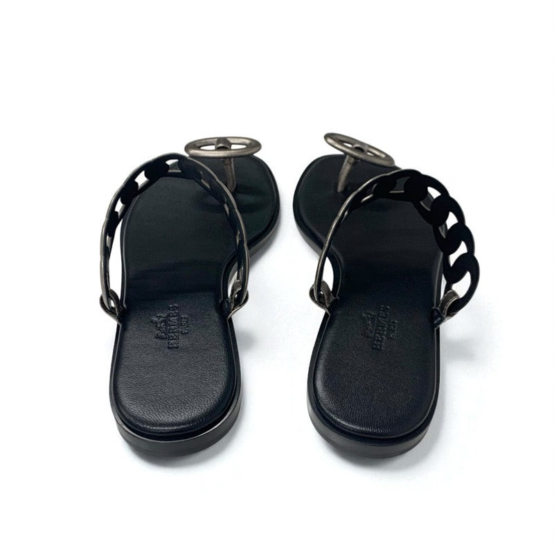 エルメス HERMES イオス サンダル 靴 シューズ レザー ブラック メタリック シェーヌダンクル フラット