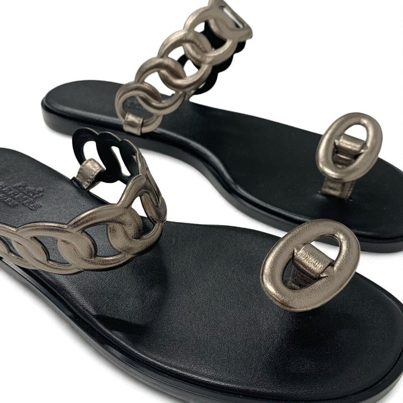 エルメス HERMES イオス サンダル 靴 シューズ レザー ブラック メタリック シェーヌダンクル フラット