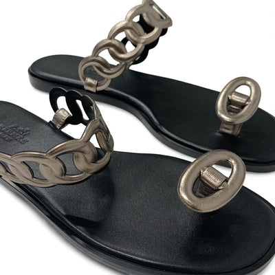 エルメス HERMES イオス サンダル 靴 シューズ レザー ブラック メタリック シェーヌダンクル フラット